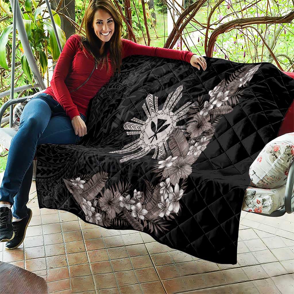 Tropical Hawaii and Philippines Quilt Kanaka Maoli and Sun Badge Batok Tattoo Grayscale LT03 - Polynesian Pride
