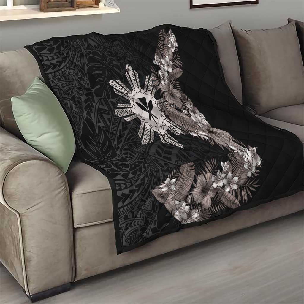 Tropical Hawaii and Philippines Quilt Kanaka Maoli and Sun Badge Batok Tattoo Grayscale LT03 - Polynesian Pride