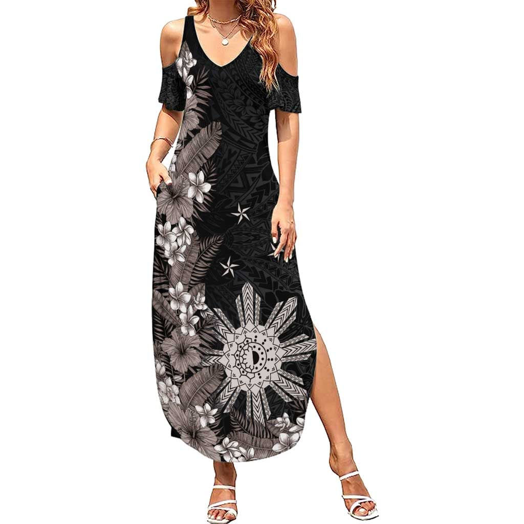 Tropical Hawaii and Philippines Summer Maxi Dress Kanaka Maoli and Sun Badge Batok Tattoo Grayscale LT03 Women Black - Polynesian Pride