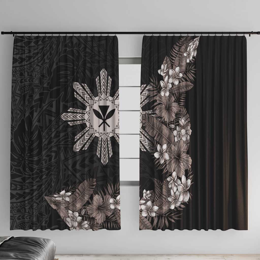 Tropical Hawaii and Philippines Window Curtain Kanaka Maoli and Sun Badge Batok Tattoo Grayscale LT03 With Hooks Black - Polynesian Pride