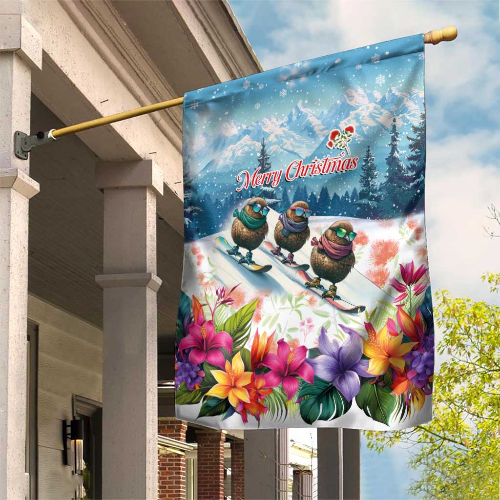 New Zealand Merry Christmas Garden Flag Kiwi Birds Snow Boarding-Vibrant Tropical Flower LT03 House Flag White - Polynesian Pride