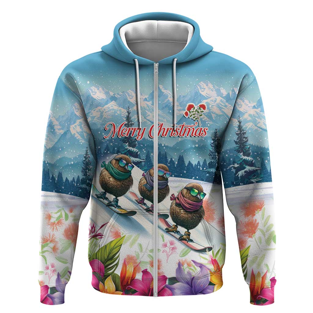 New Zealand Merry Christmas Zip Hoodie Kiwi Birds Snow Boarding-Vibrant Tropical Flower LT03 Zip Hoodie White - Polynesian Pride