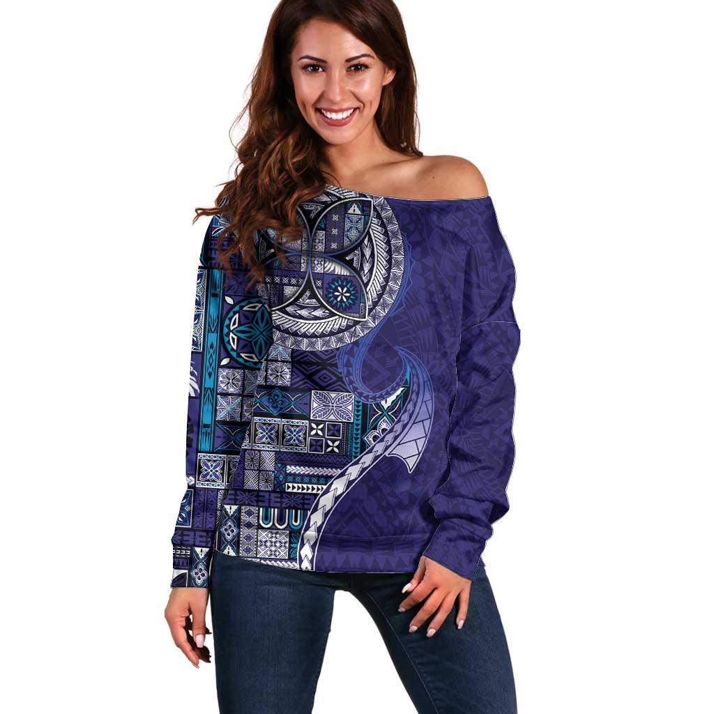 Samoan Siapo Art Tattoo Polynesian Pattern Off Shoulder Sweater Navy Color LT03 Women Navy - Polynesian Pride