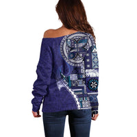 Samoan Siapo Art Tattoo Polynesian Pattern Off Shoulder Sweater Navy Color LT03 - Polynesian Pride