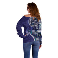 Samoan Siapo Art Tattoo Polynesian Pattern Off Shoulder Sweater Navy Color LT03 - Polynesian Pride