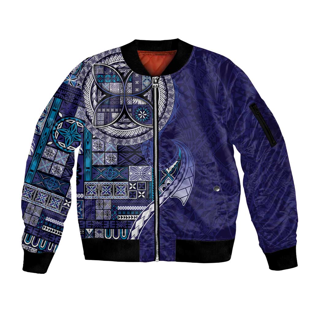 Samoan Siapo Art Tattoo Polynesian Pattern Sleeve Zip Bomber Jacket Navy Color LT03 Unisex Navy - Polynesian Pride