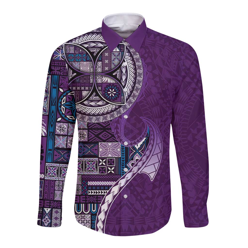 Samoan Siapo Art Tattoo Polynesian Pattern Long Sleeve Button Shirt Purple Color LT03 Unisex Purple - Polynesian Pride