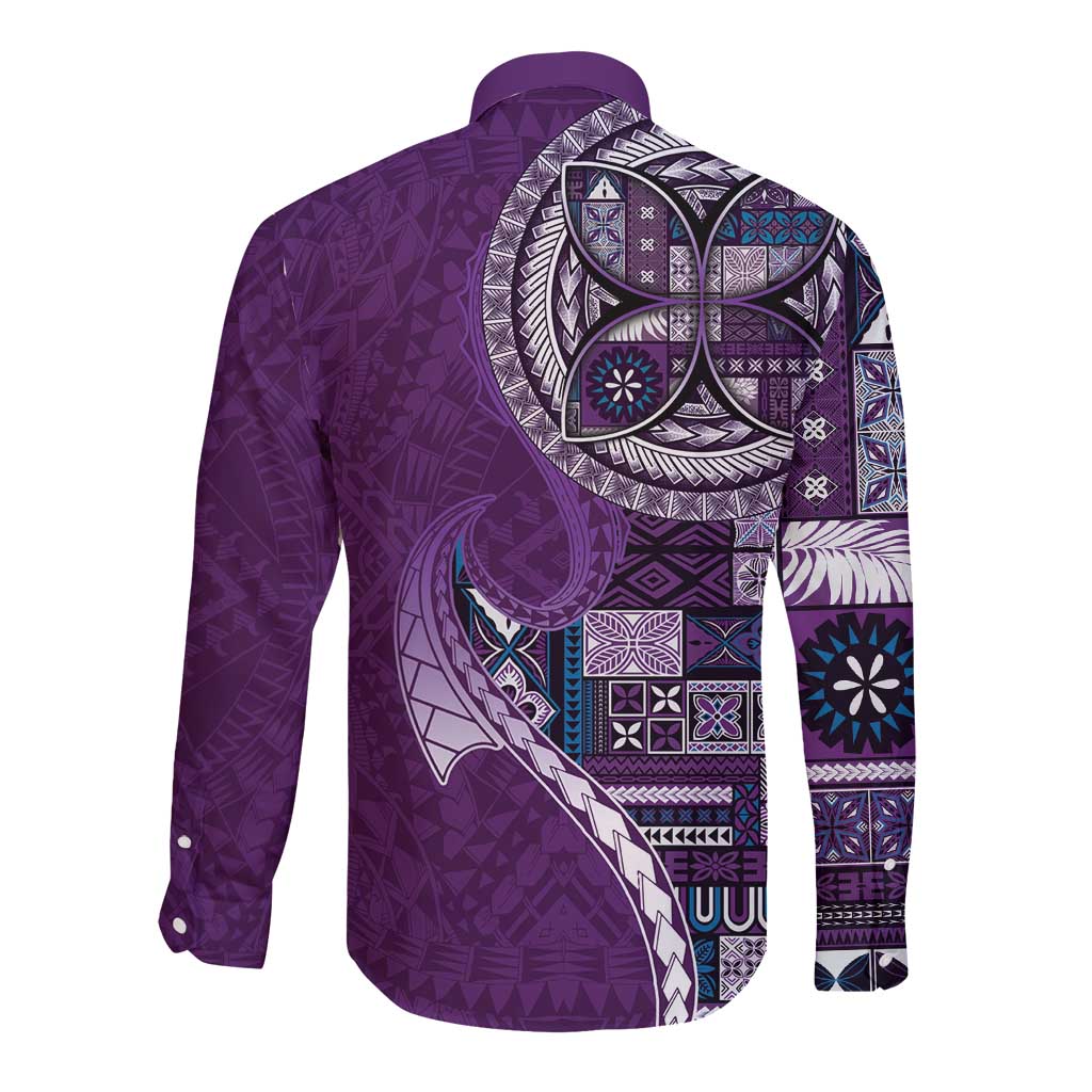 Samoan Siapo Art Tattoo Polynesian Pattern Long Sleeve Button Shirt Purple Color LT03 - Polynesian Pride