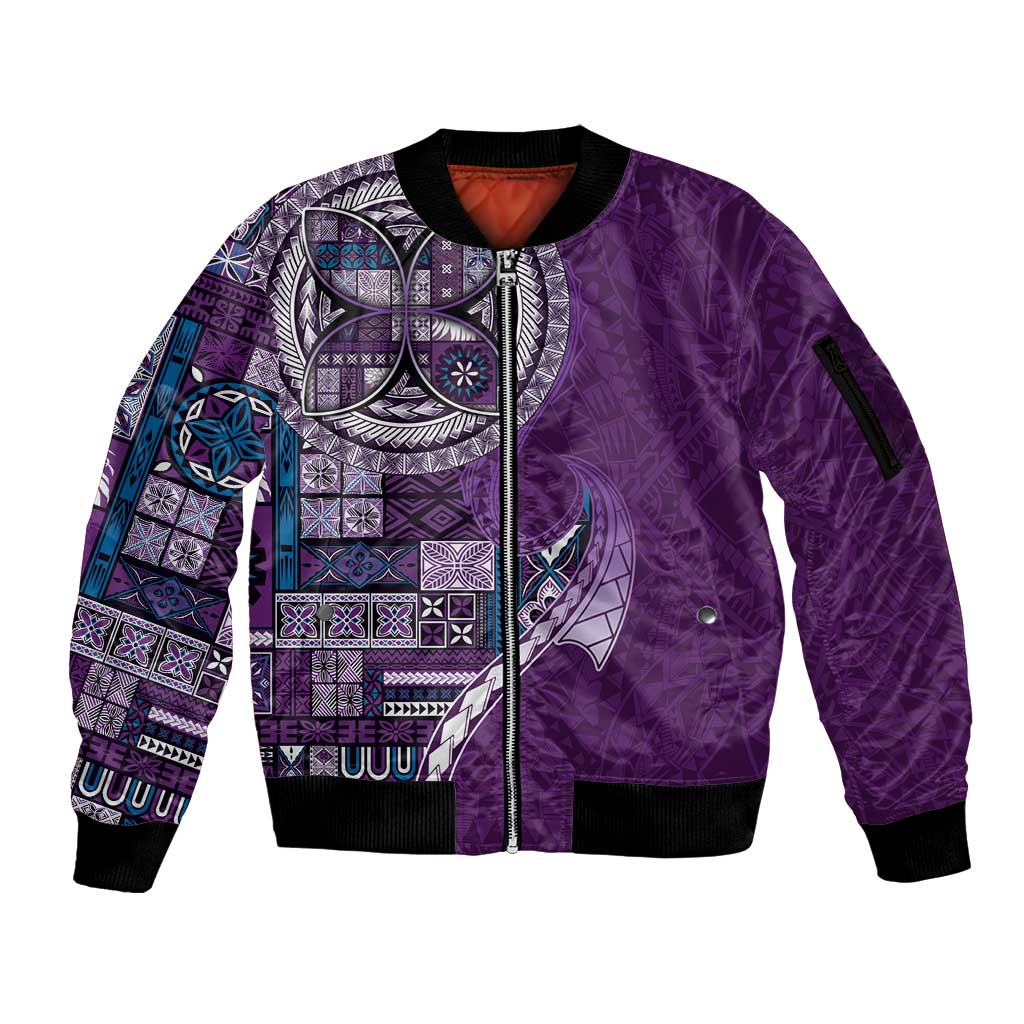 Samoan Siapo Art Tattoo Polynesian Pattern Sleeve Zip Bomber Jacket Purple Color LT03 Unisex Purple - Polynesian Pride