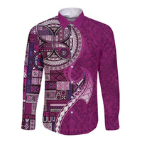 Samoan Siapo Art Tattoo Polynesian Pattern Long Sleeve Button Shirt Pink Color LT03 Unisex Pink - Polynesian Pride