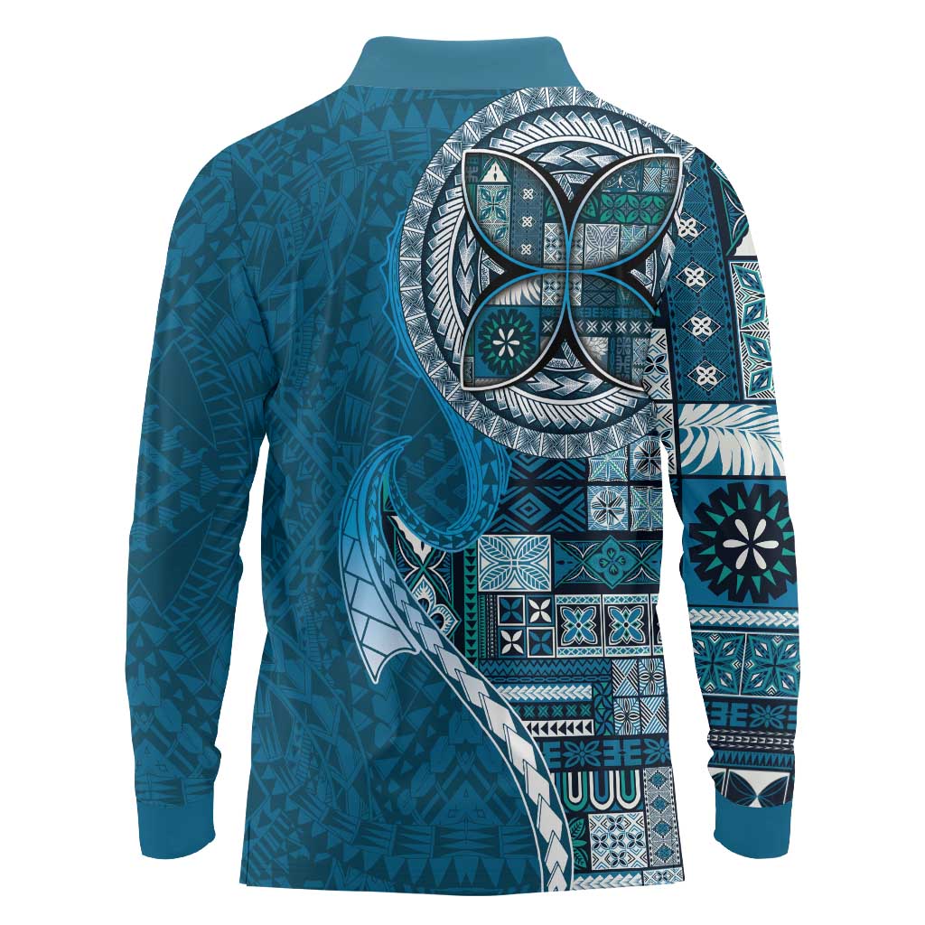 Samoan Siapo Art Tattoo Polynesian Pattern Long Sleeve Polo Shirt Teal Color LT03 - Polynesian Pride