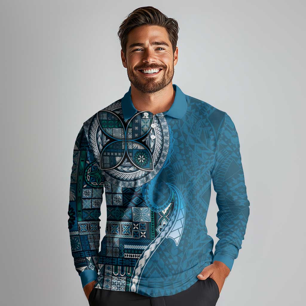 Samoan Siapo Art Tattoo Polynesian Pattern Long Sleeve Polo Shirt Teal Color LT03 - Polynesian Pride