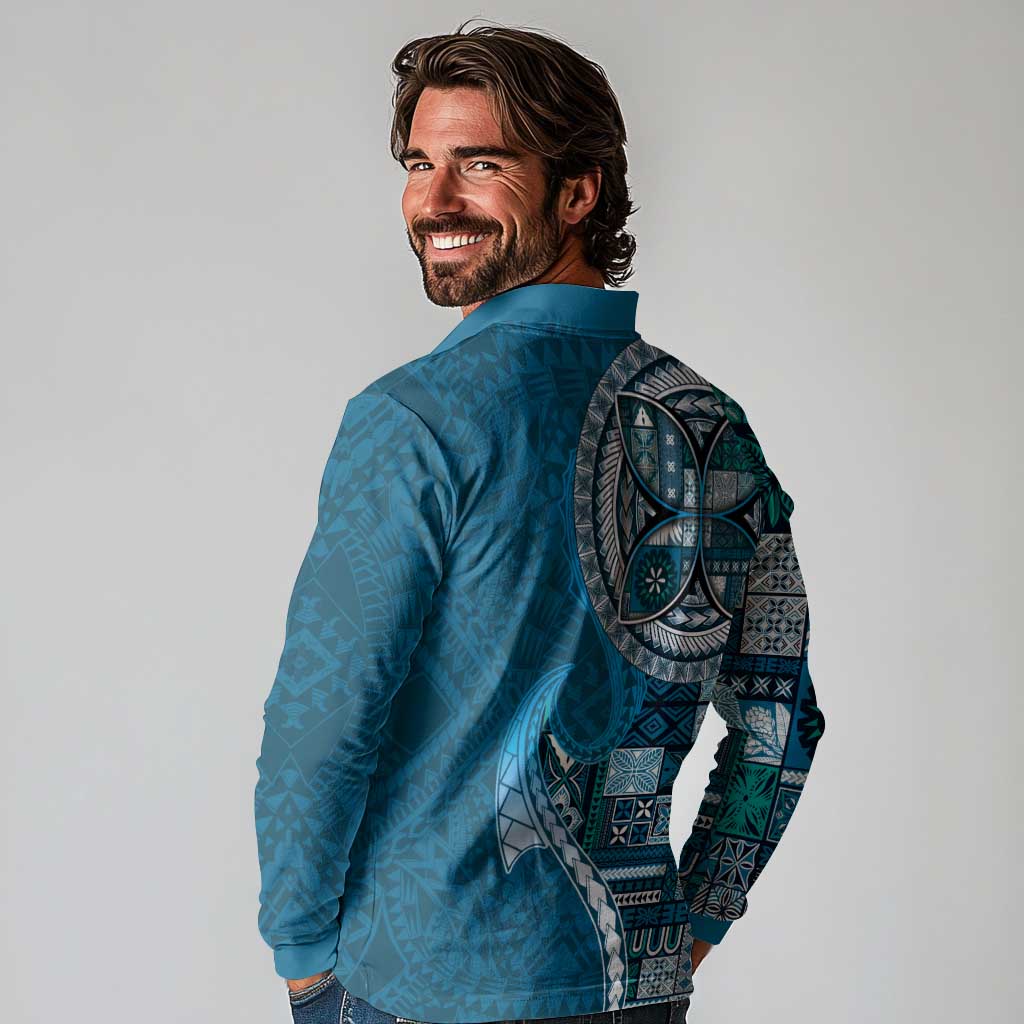 Samoan Siapo Art Tattoo Polynesian Pattern Long Sleeve Polo Shirt Teal Color LT03 - Polynesian Pride