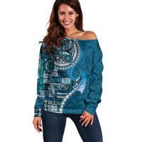 Samoan Siapo Art Tattoo Polynesian Pattern Off Shoulder Sweater Teal Color LT03 Women Teal - Polynesian Pride