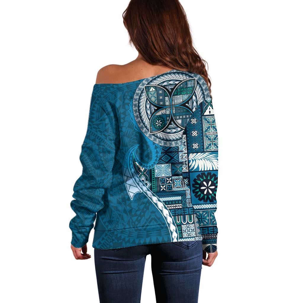 Samoan Siapo Art Tattoo Polynesian Pattern Off Shoulder Sweater Teal Color LT03 - Polynesian Pride