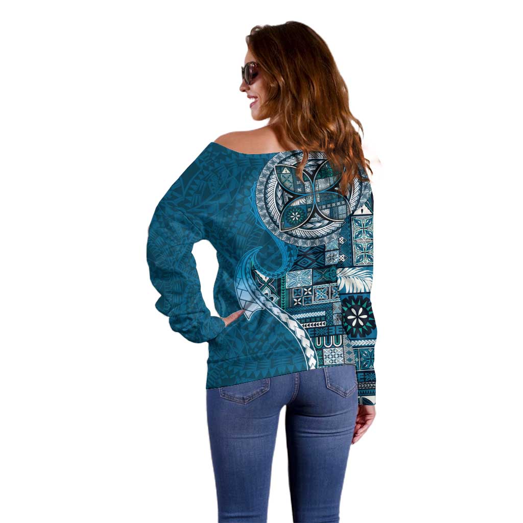 Samoan Siapo Art Tattoo Polynesian Pattern Off Shoulder Sweater Teal Color LT03 - Polynesian Pride