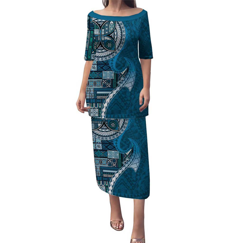 Samoan Siapo Art Tattoo Polynesian Pattern Puletasi Teal Color LT03 Long Dress Teal - Polynesian Pride