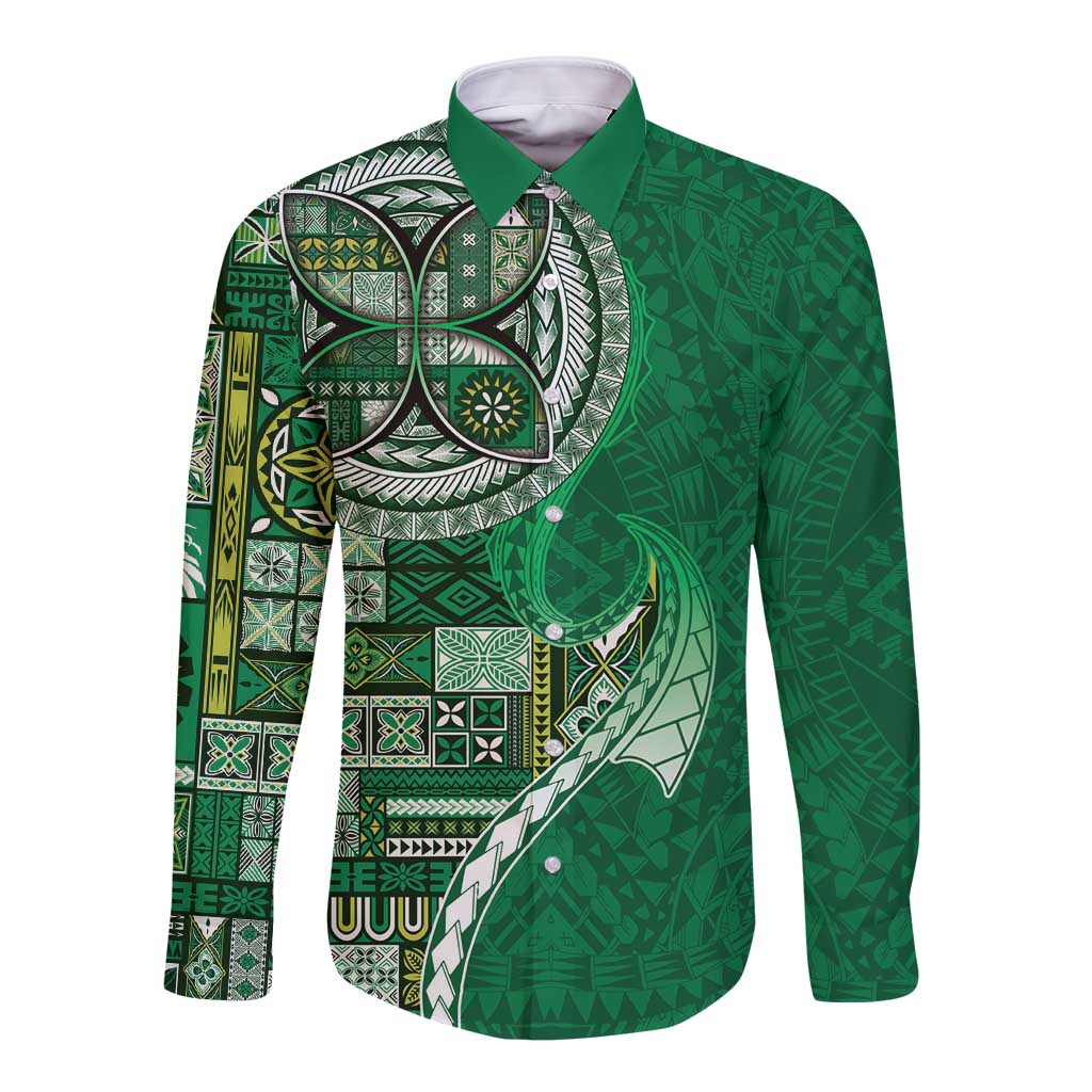 Samoan Siapo Art Tattoo Polynesian Pattern Long Sleeve Button Shirt Green Color LT03 Unisex Green - Polynesian Pride