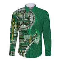 Samoan Siapo Art Tattoo Polynesian Pattern Long Sleeve Button Shirt Green Color LT03 Unisex Green - Polynesian Pride