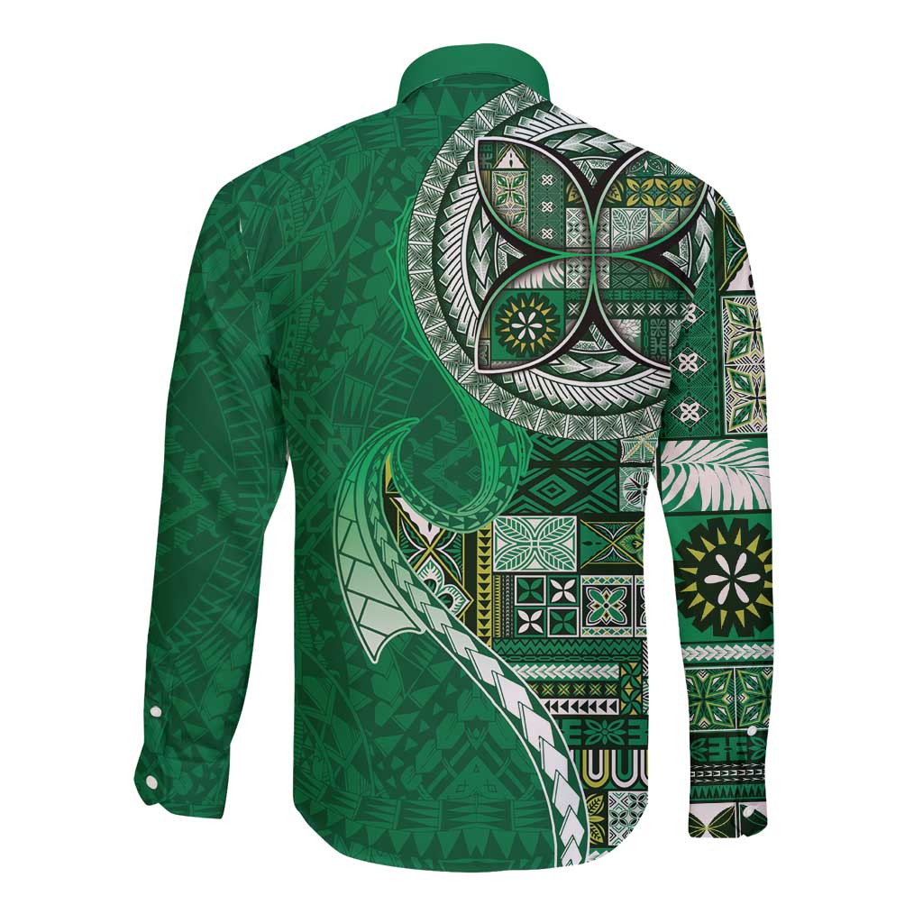 Samoan Siapo Art Tattoo Polynesian Pattern Long Sleeve Button Shirt Green Color LT03 - Polynesian Pride