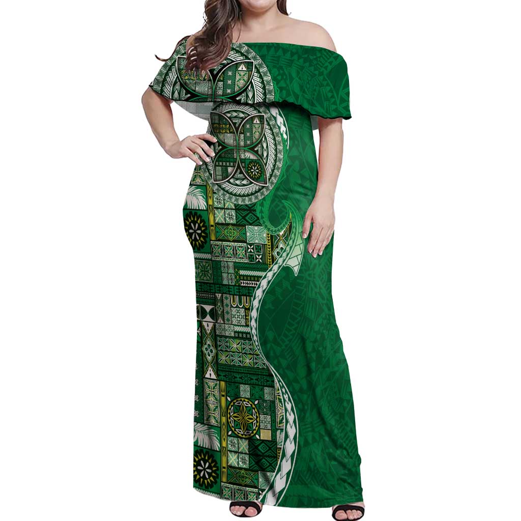 Samoan Siapo Art Tattoo Polynesian Pattern Off Shoulder Maxi Dress Green Color LT03 Women Green - Polynesian Pride