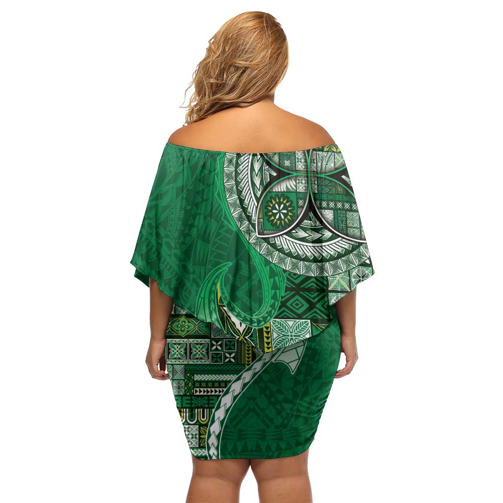 Samoan Siapo Art Tattoo Polynesian Pattern Off Shoulder Short Dress Green Color LT03 - Polynesian Pride
