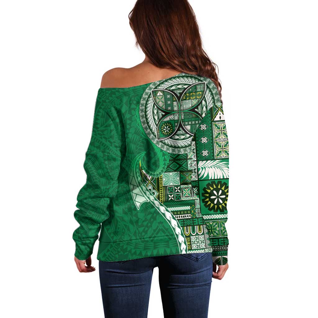 Samoan Siapo Art Tattoo Polynesian Pattern Off Shoulder Sweater Green Color LT03 - Polynesian Pride
