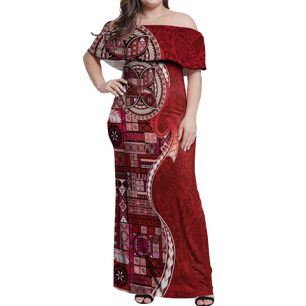 Samoan Siapo Art Tattoo Polynesian Pattern Off Shoulder Maxi Dress Red Color LT03 Women Red - Polynesian Pride