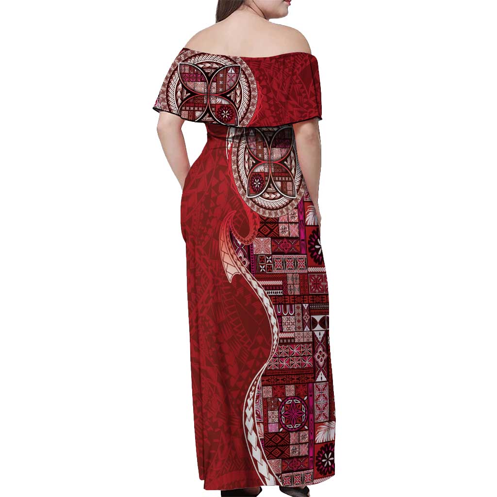 Samoan Siapo Art Tattoo Polynesian Pattern Off Shoulder Maxi Dress Red Color LT03 - Polynesian Pride