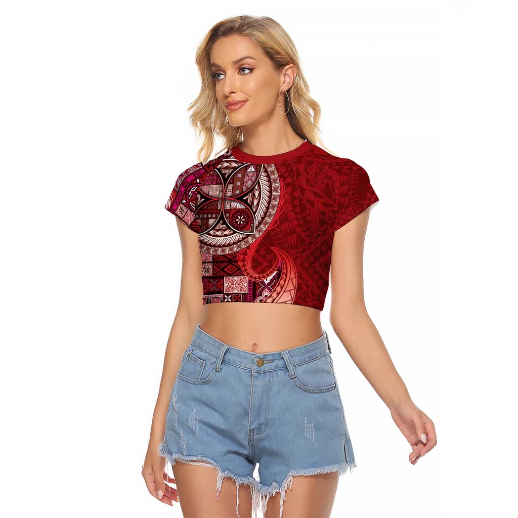 Samoan Siapo Art Tattoo Polynesian Pattern Raglan Cropped T Shirt Red Color LT03 Female Red - Polynesian Pride
