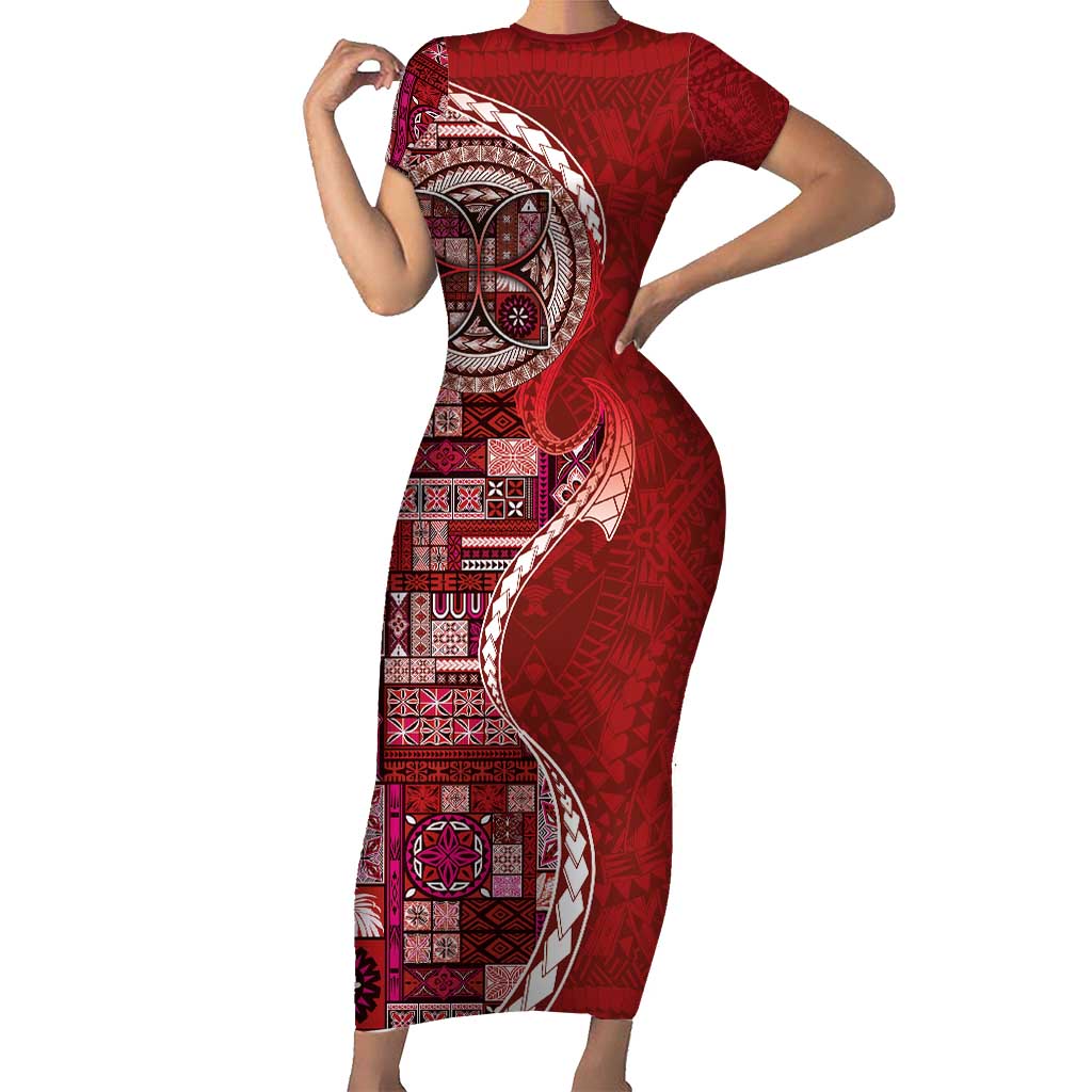 Samoan Siapo Art Tattoo Polynesian Pattern Short Sleeve Bodycon Dress Red Color LT03 Long Dress Red - Polynesian Pride