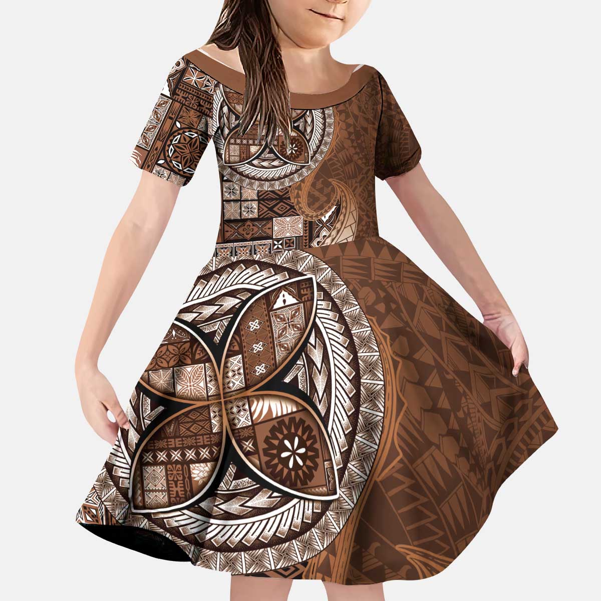 Samoan Siapo Art Tattoo Polynesian Pattern Kid Short Sleeve Dress Brown Color LT03 KID Brown - Polynesian Pride