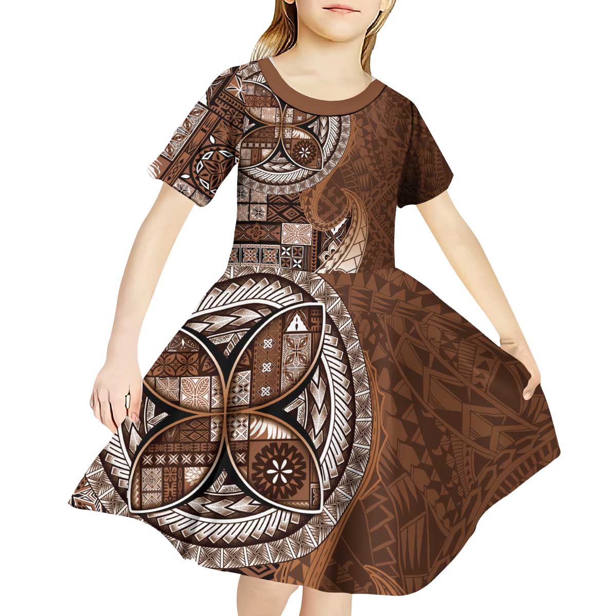 Samoan Siapo Art Tattoo Polynesian Pattern Kid Short Sleeve Dress Brown Color LT03 - Polynesian Pride
