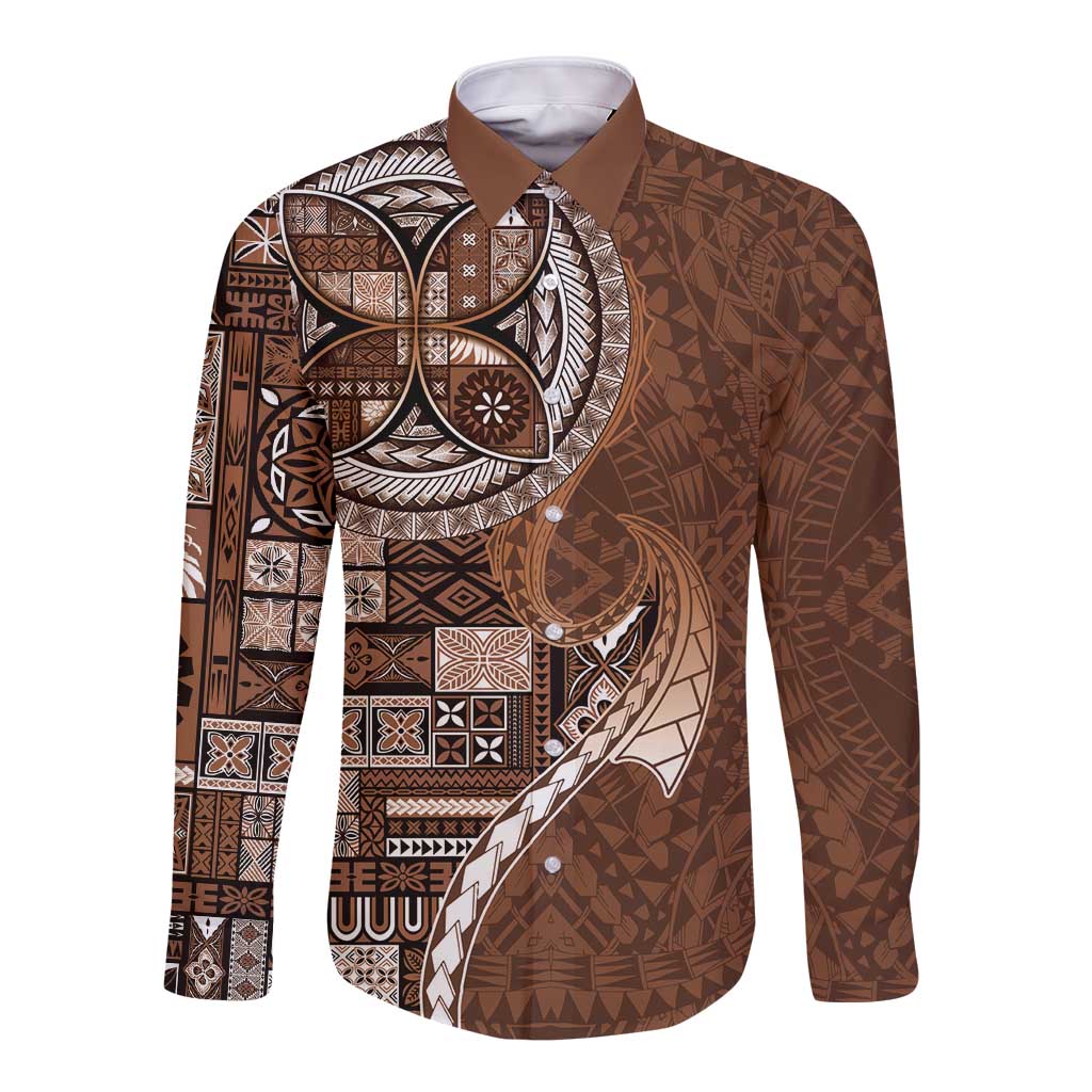 Samoan Siapo Art Tattoo Polynesian Pattern Long Sleeve Button Shirt Brown Color LT03 Unisex Brown - Polynesian Pride