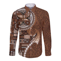 Samoan Siapo Art Tattoo Polynesian Pattern Long Sleeve Button Shirt Brown Color LT03 Unisex Brown - Polynesian Pride