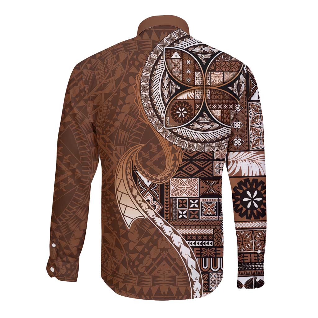 Samoan Siapo Art Tattoo Polynesian Pattern Long Sleeve Button Shirt Brown Color LT03 - Polynesian Pride