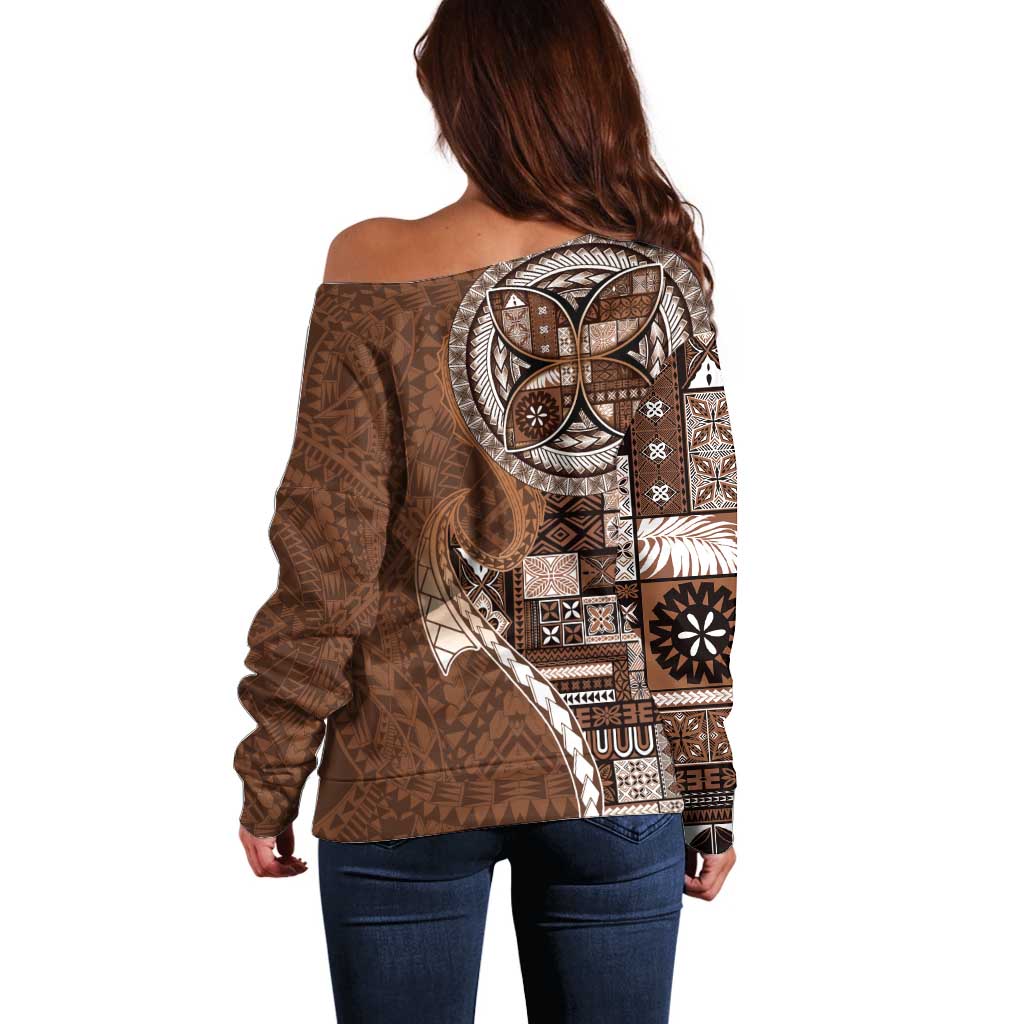 Samoan Siapo Art Tattoo Polynesian Pattern Off Shoulder Sweater Brown Color LT03 - Polynesian Pride