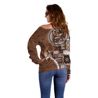 Samoan Siapo Art Tattoo Polynesian Pattern Off Shoulder Sweater Brown Color LT03 - Polynesian Pride