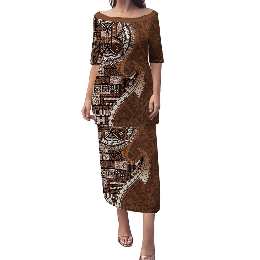 Samoan Siapo Art Tattoo Polynesian Pattern Puletasi Brown Color LT03 Long Dress Brown - Polynesian Pride