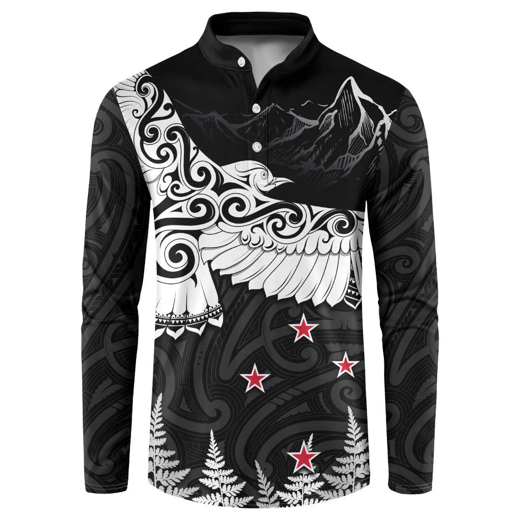 New Zealand Kea Bird Button Sweatshirt Maori Tattoo and Silver Fern Black Color