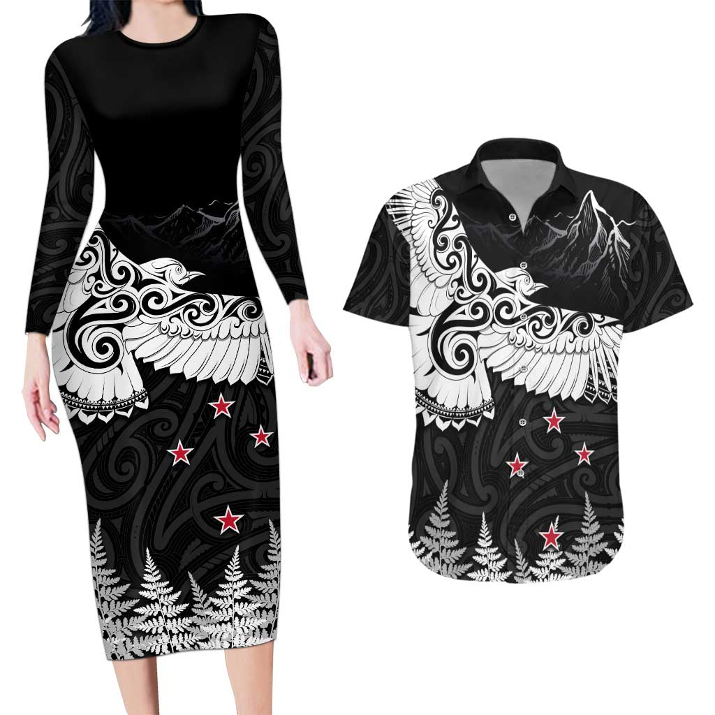 New Zealand Kea Bird Couples Matching Long Sleeve Bodycon Dress and Hawaiian Shirt Maori Tattoo and Silver Fern Black Color