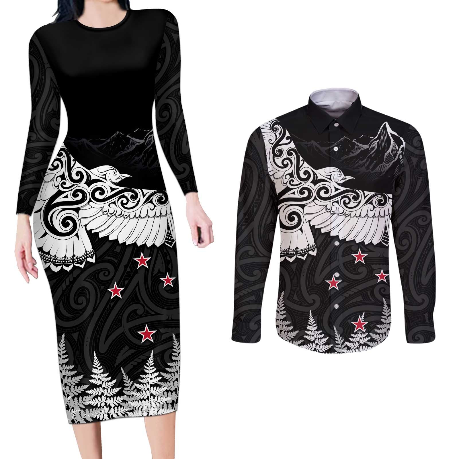 New Zealand Kea Bird Couples Matching Long Sleeve Bodycon Dress and Long Sleeve Button Shirt Maori Tattoo and Silver Fern Black Color