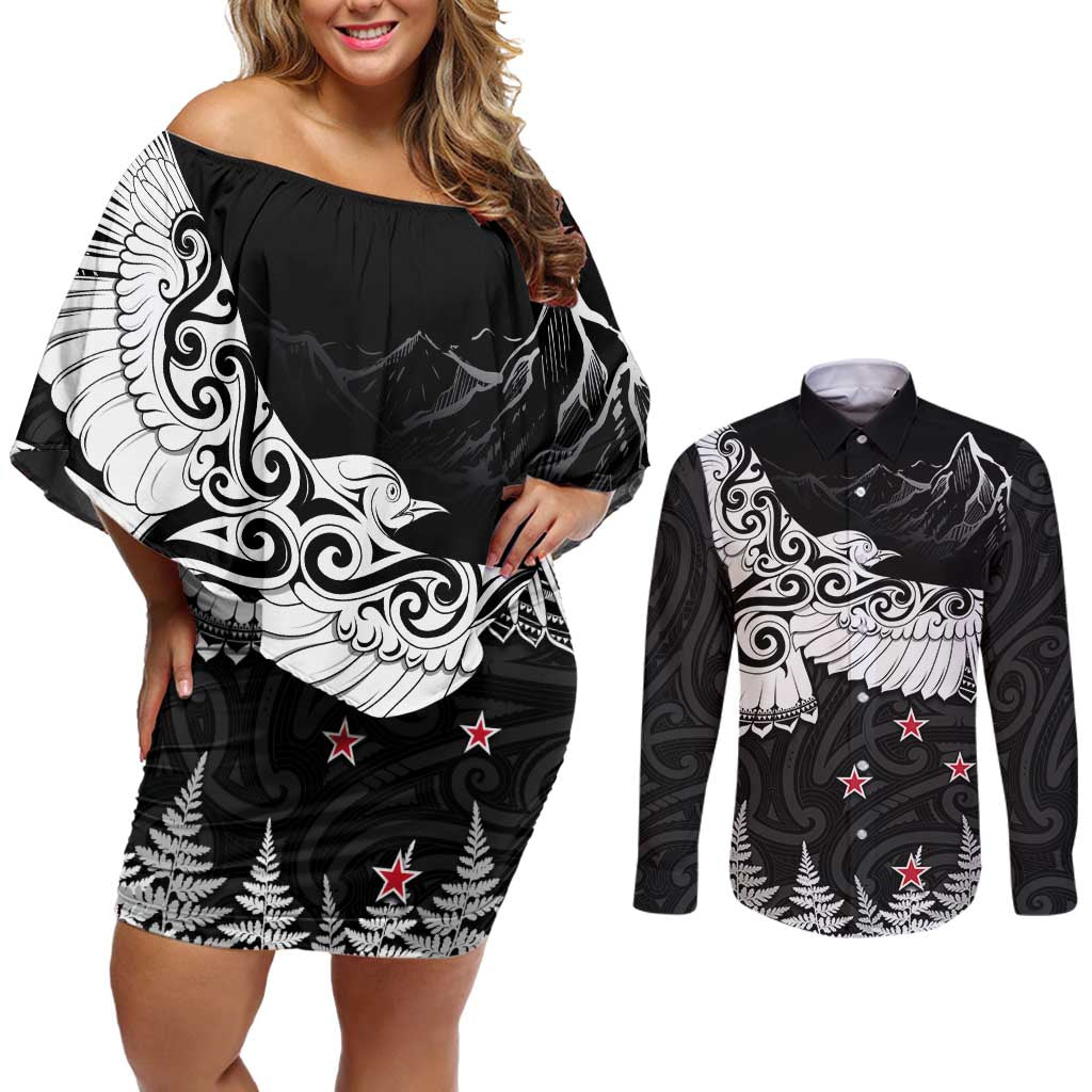 New Zealand Kea Bird Couples Matching Off Shoulder Short Dress and Long Sleeve Button Shirt Maori Tattoo and Silver Fern Black Color