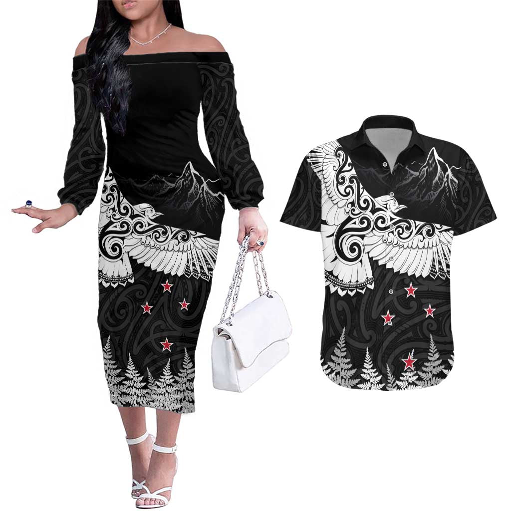 New Zealand Kea Bird Couples Matching Off The Shoulder Long Sleeve Dress and Hawaiian Shirt Maori Tattoo and Silver Fern Black Color