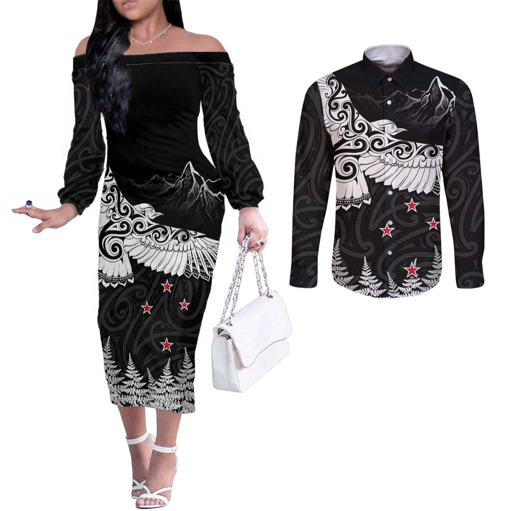 New Zealand Kea Bird Couples Matching Off The Shoulder Long Sleeve Dress and Long Sleeve Button Shirt Maori Tattoo and Silver Fern Black Color