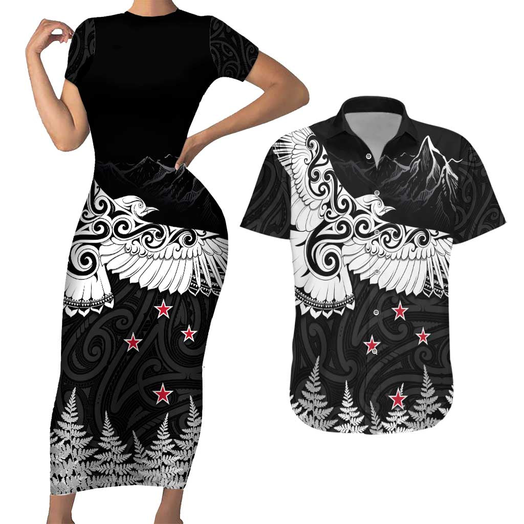 New Zealand Kea Bird Couples Matching Short Sleeve Bodycon Dress and Hawaiian Shirt Maori Tattoo and Silver Fern Black Color