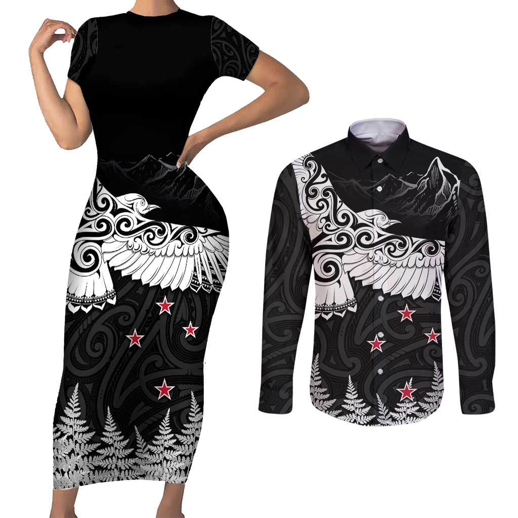 New Zealand Kea Bird Couples Matching Short Sleeve Bodycon Dress and Long Sleeve Button Shirt Maori Tattoo and Silver Fern Black Color