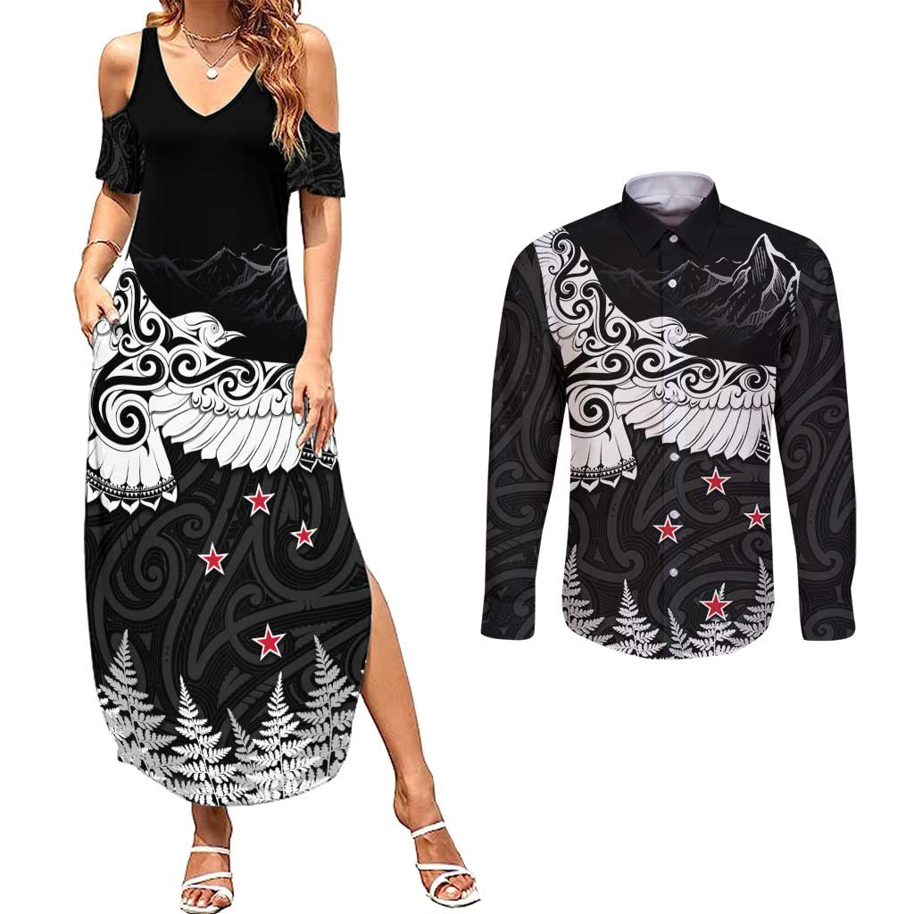 New Zealand Kea Bird Couples Matching Summer Maxi Dress and Long Sleeve Button Shirt Maori Tattoo and Silver Fern Black Color