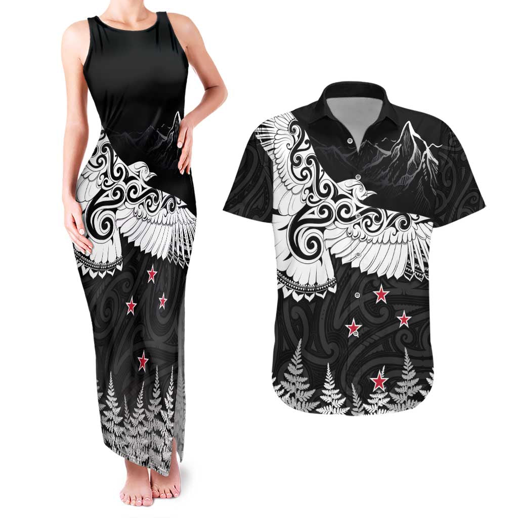 New Zealand Kea Bird Couples Matching Tank Maxi Dress and Hawaiian Shirt Maori Tattoo and Silver Fern Black Color