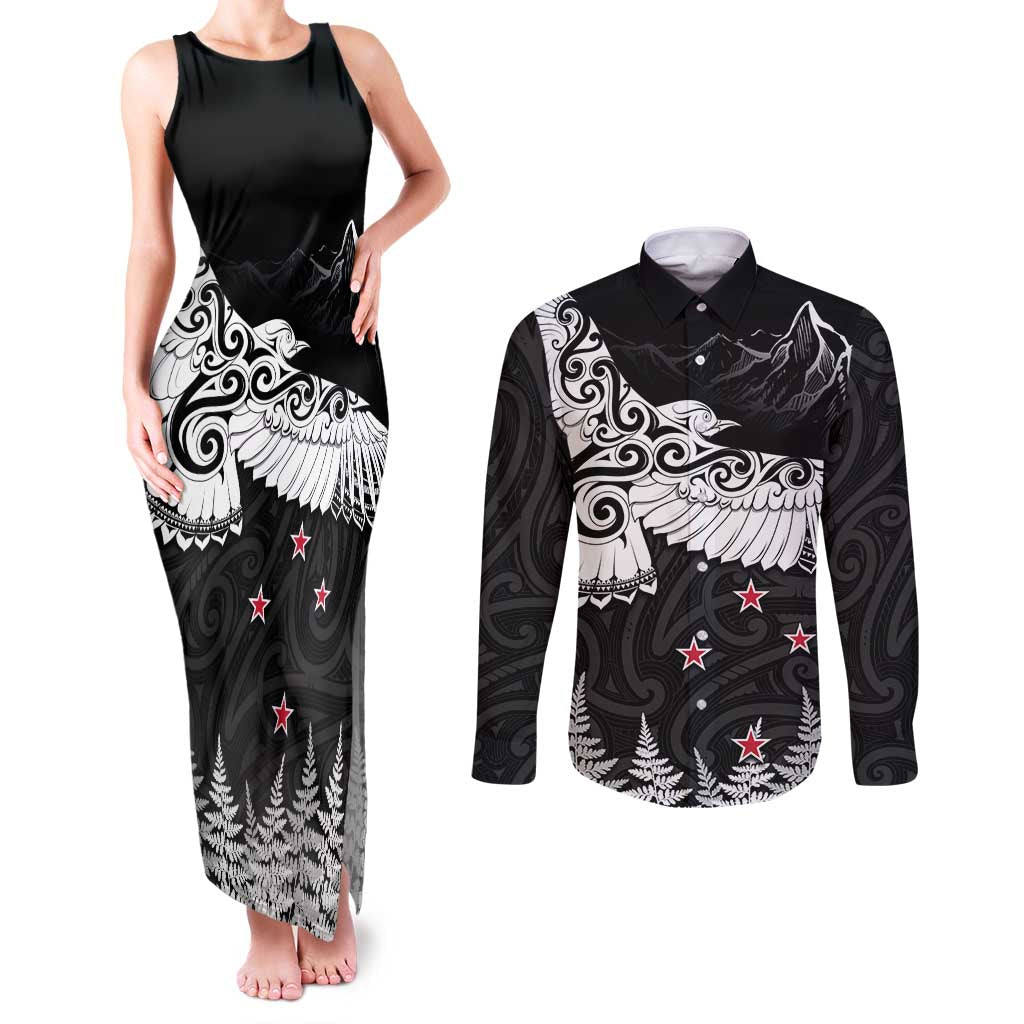 New Zealand Kea Bird Couples Matching Tank Maxi Dress and Long Sleeve Button Shirt Maori Tattoo and Silver Fern Black Color